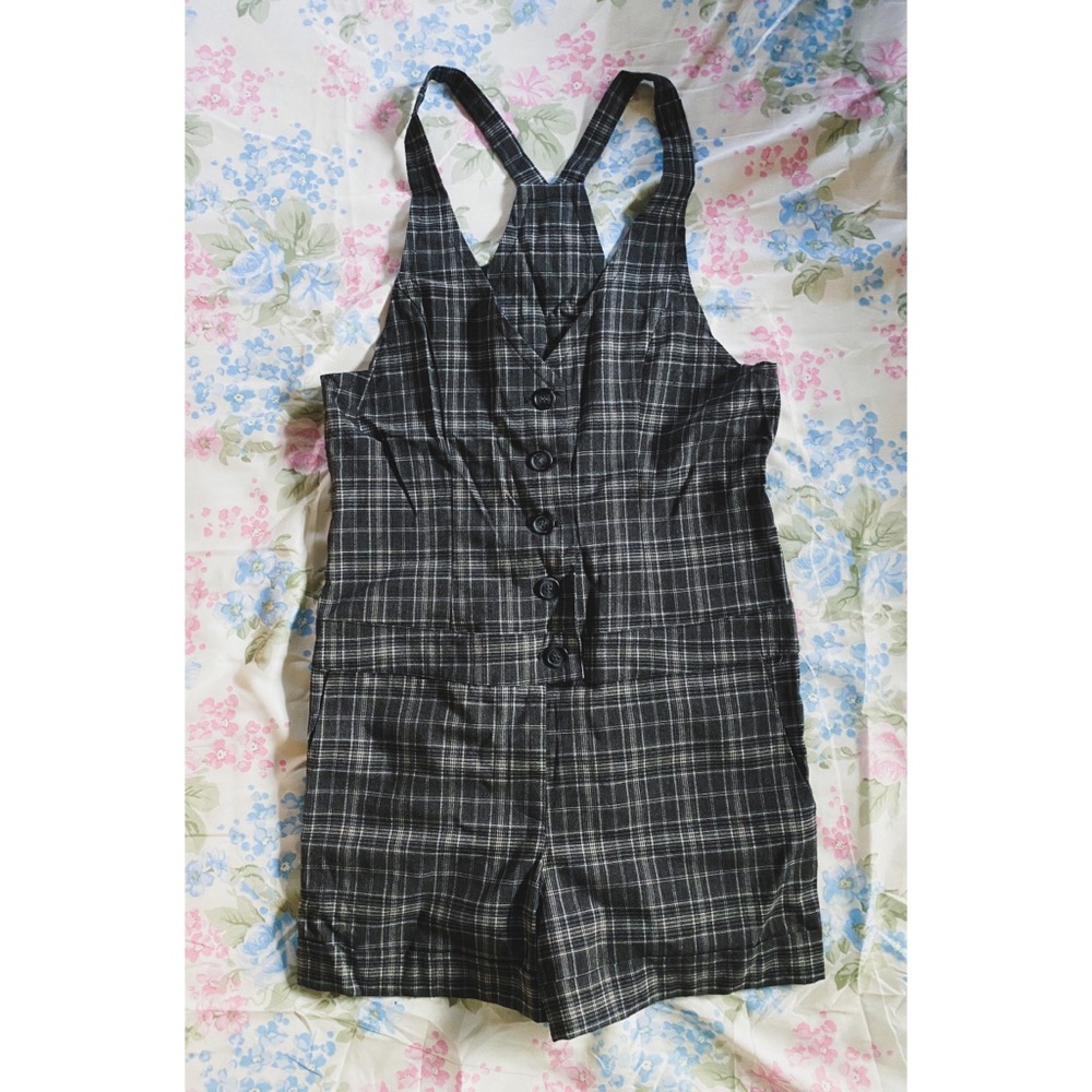 UO Plaid Overall Button Down Romper Made in USA